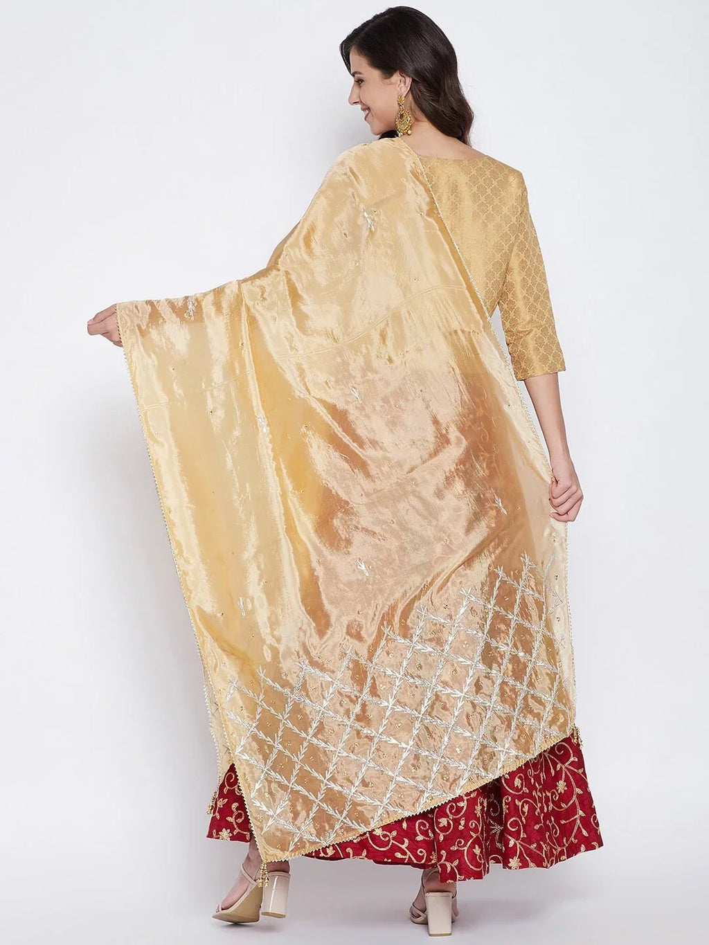 Dupatta, Golden Chunni, Ethnic Silk Wrap Indian Scarf blend Stole, Shawl Embroidered eloria Woman's