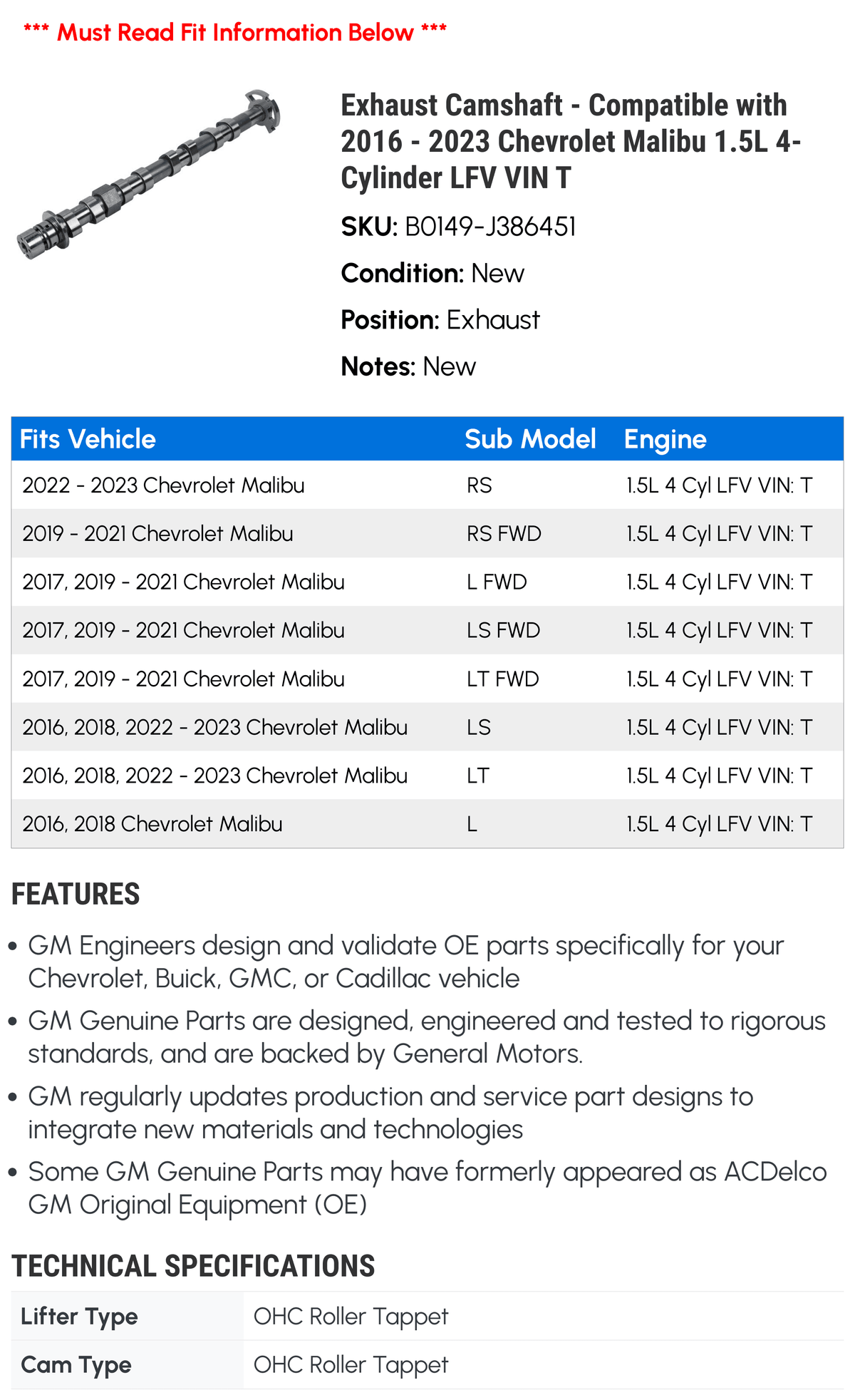 4-Cylinder T Exhaust 2016 - Compatible 2021 VIN 2017 Chevy 2022 LFV 1.5L 2019 2020 - Malibu Camshaft with 2023 2018