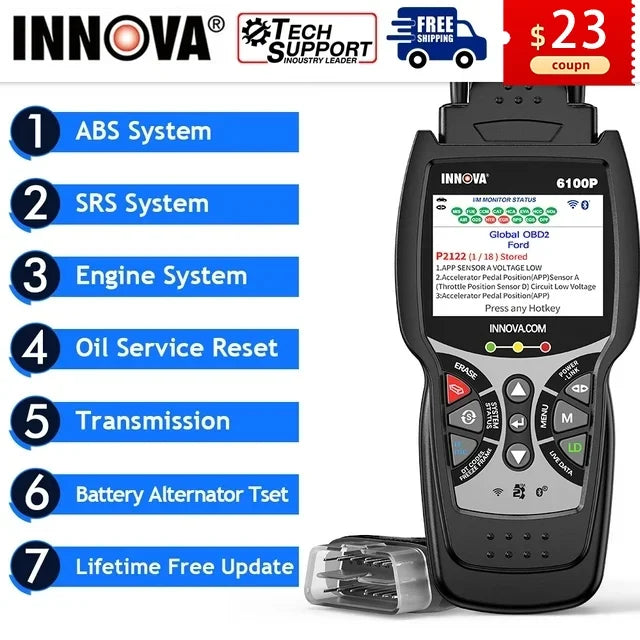for OBDII OBD2 Reader Diagnostic Car SRS Scan Truck Automotive SUV Innova Reset Car ABS Analyzer Code Battery Automotive Light Scanner OBD2 Tool Test Scanner Scanner Hybrid Auto 6100P All Oil Engine
