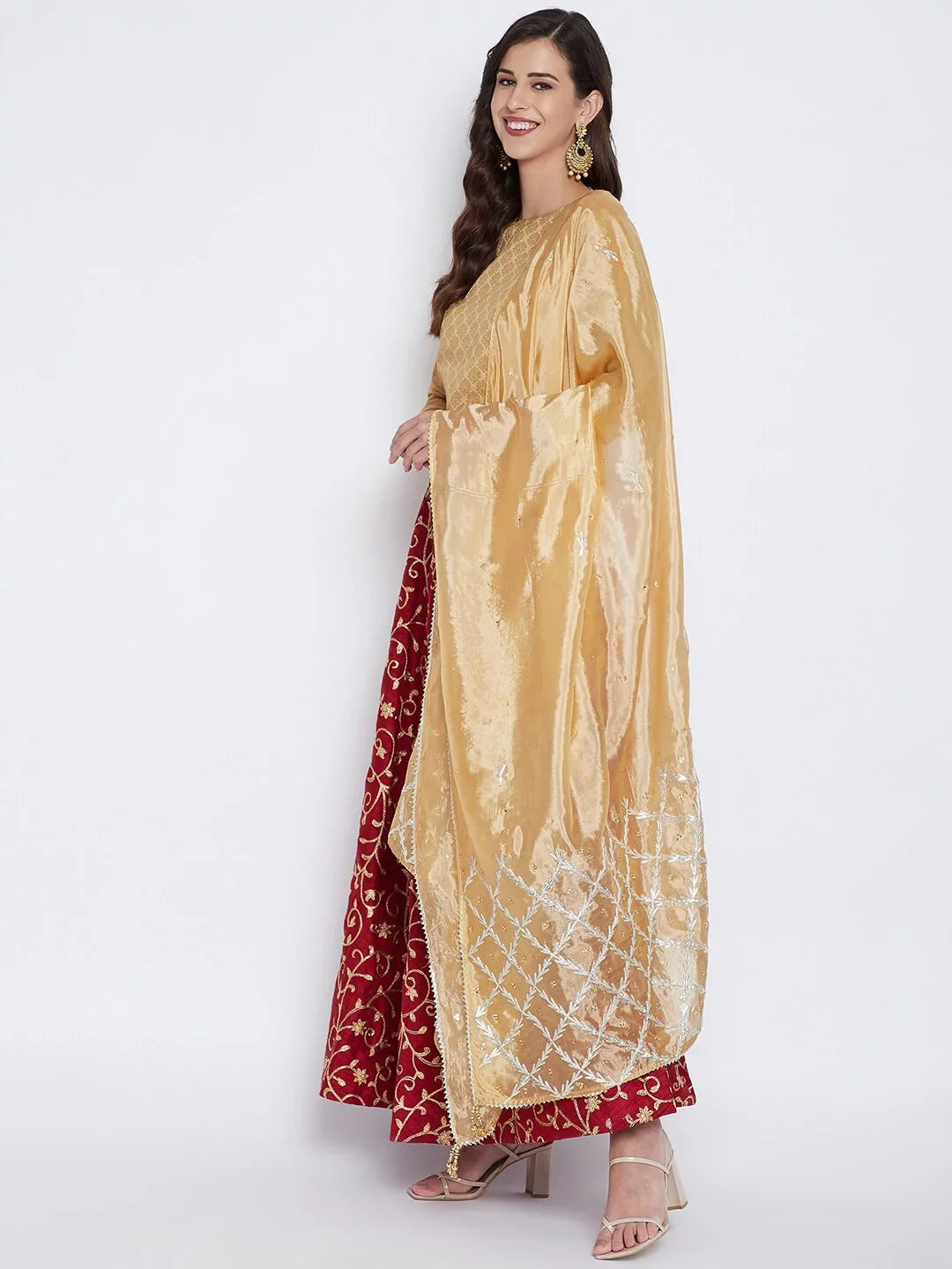 Dupatta, Golden Chunni, Ethnic Silk Wrap Indian Scarf blend Stole, Shawl Embroidered eloria Woman's