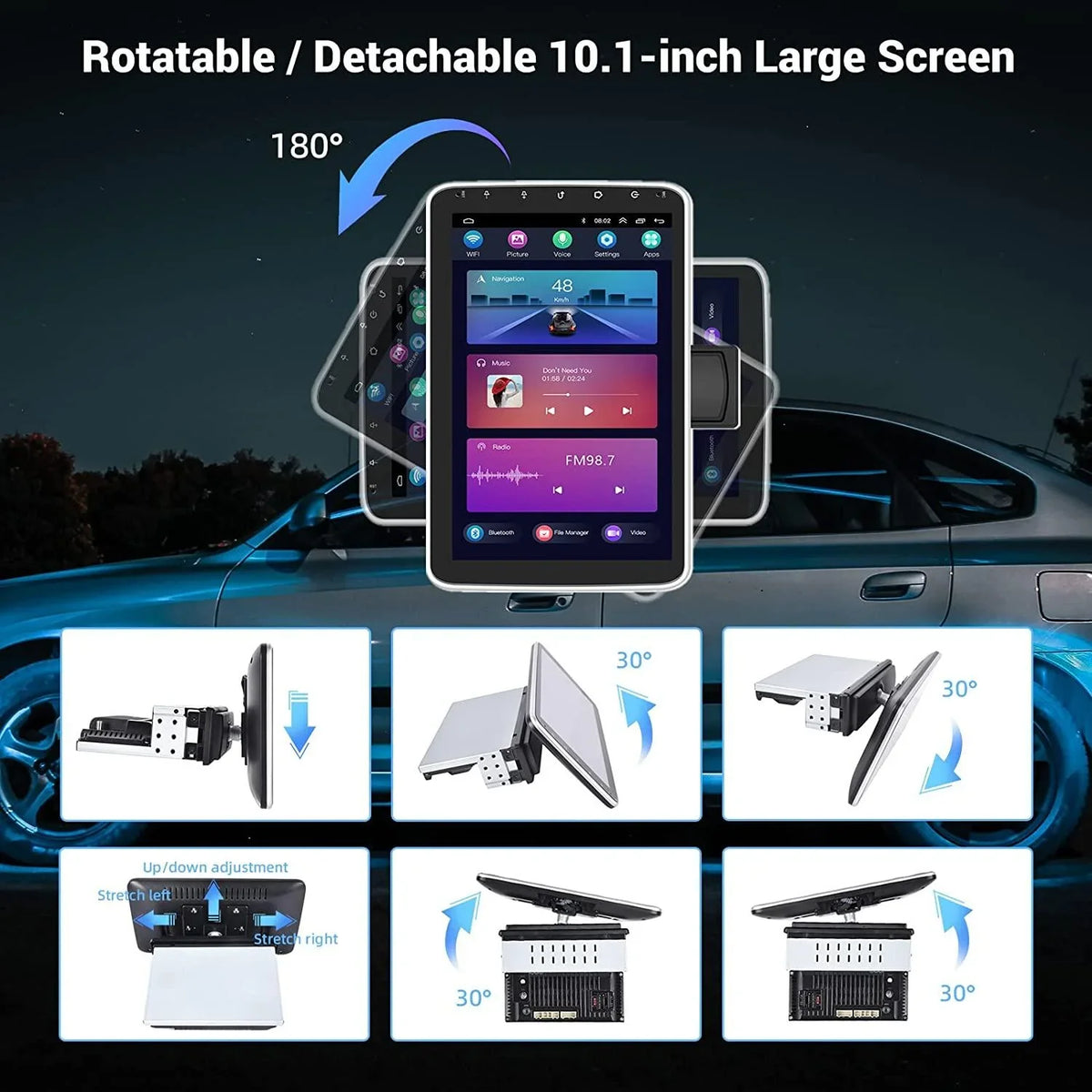 1 FM 1080P Android AHD Carplay Din Auto Vertical Bluetooth, Car Podofo Wireless GPS Screen Stereo Radio 180°Rotatable HD Android New Camera 10.1'' Single 1+16G 13 WIFI