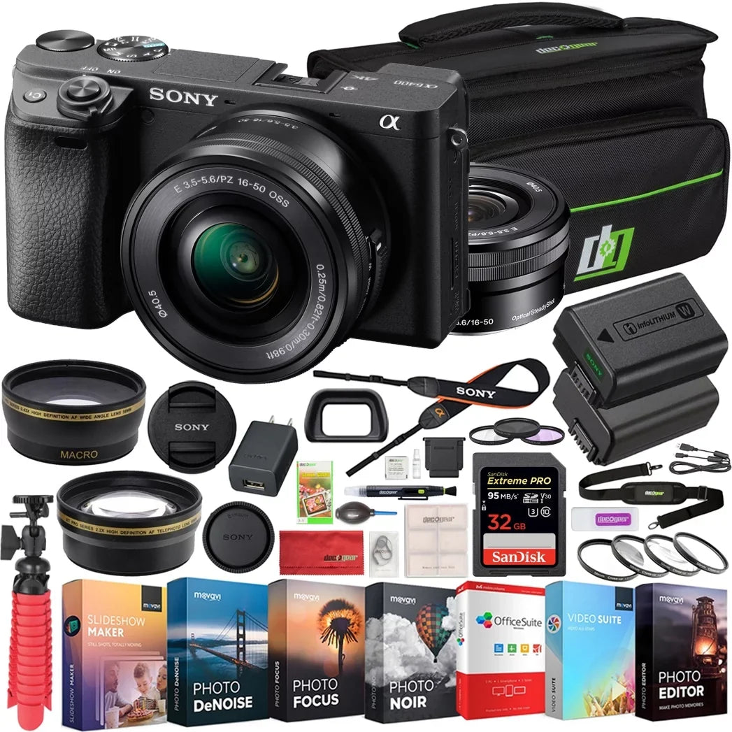 Wide (Black) ILCE-6400L/B Bundle OSS Battery a6400 + Mirrorless & 4K Filter Extra Power Camera Set Deco 16-50mm 2.2X Lens 0.43x Lens Angle Telephoto and Case Editing f/3.5-5.6 Gear with Kit