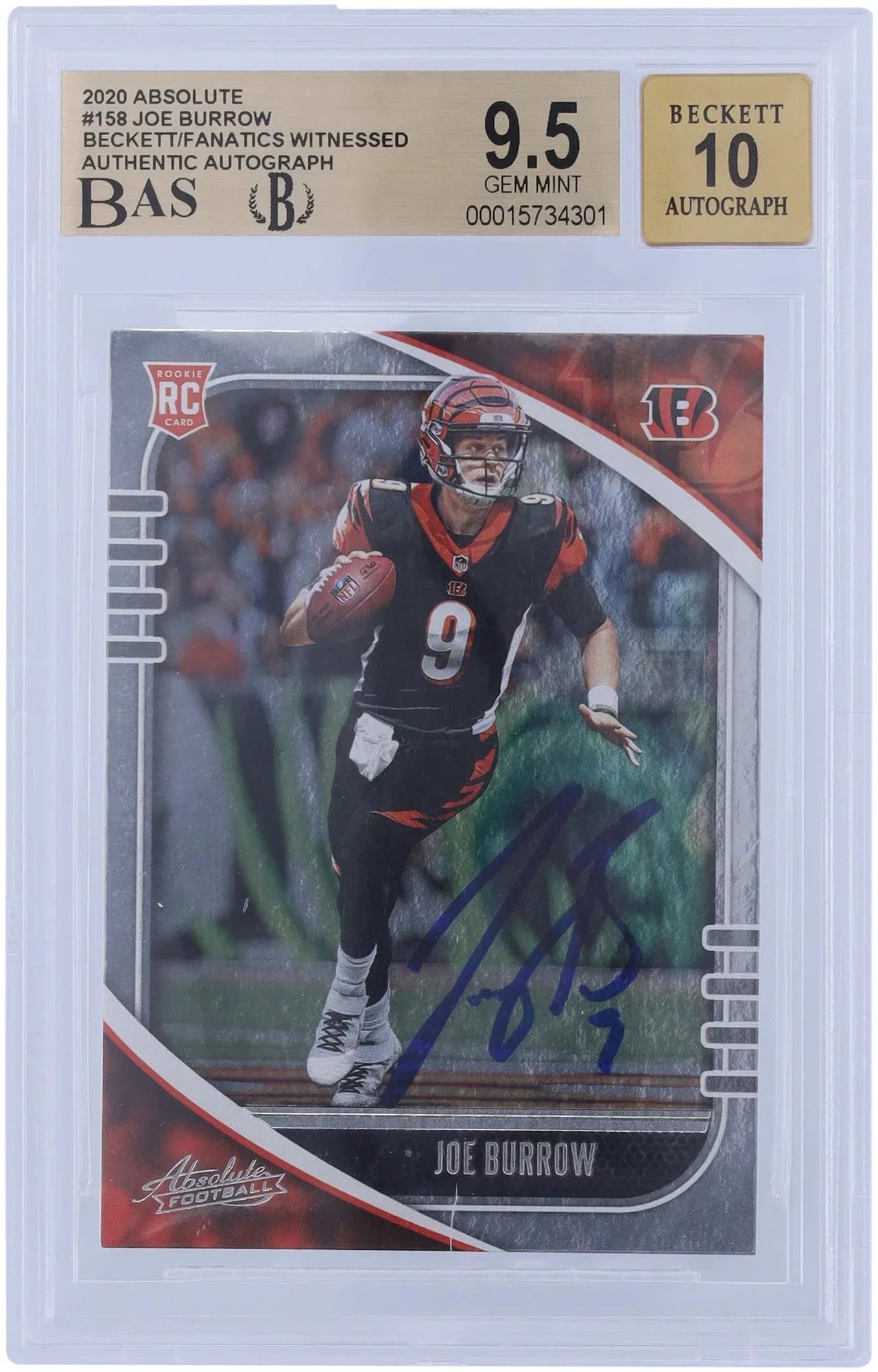#158 Fanatics Authenticated Authentic Certified Autographed Absolute Bengals Panini Witnessed 2020 Joe Rookie - Card Beckett 9.5/10 Fanatics Burrow Cincinnati