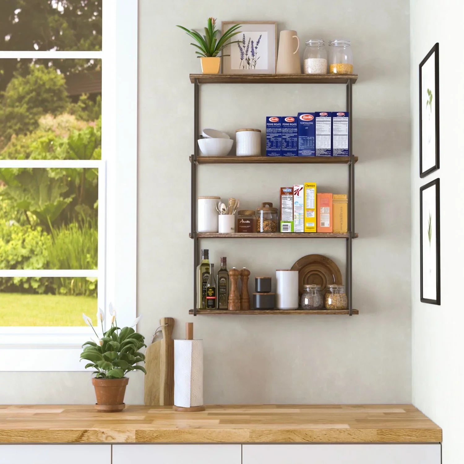 Wall Farmhouse 4-Tier Porto Organizer, Wallniture Wood for Bookcases Natural Rustic Burned Storage Shelves Laundry Kitchen Floating
