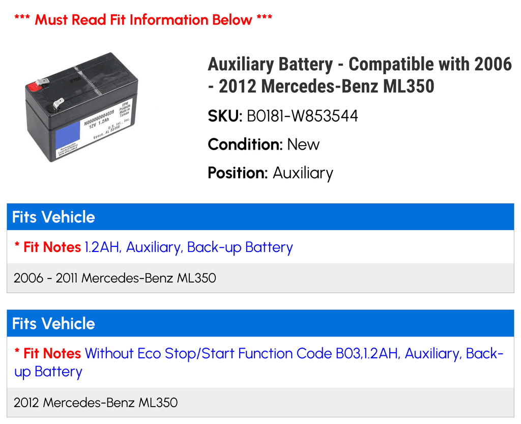2012 2008 Auxiliary 2006 with Compatible Mercedes-Benz - ML350 2007 Battery 2009 - 2010 2011