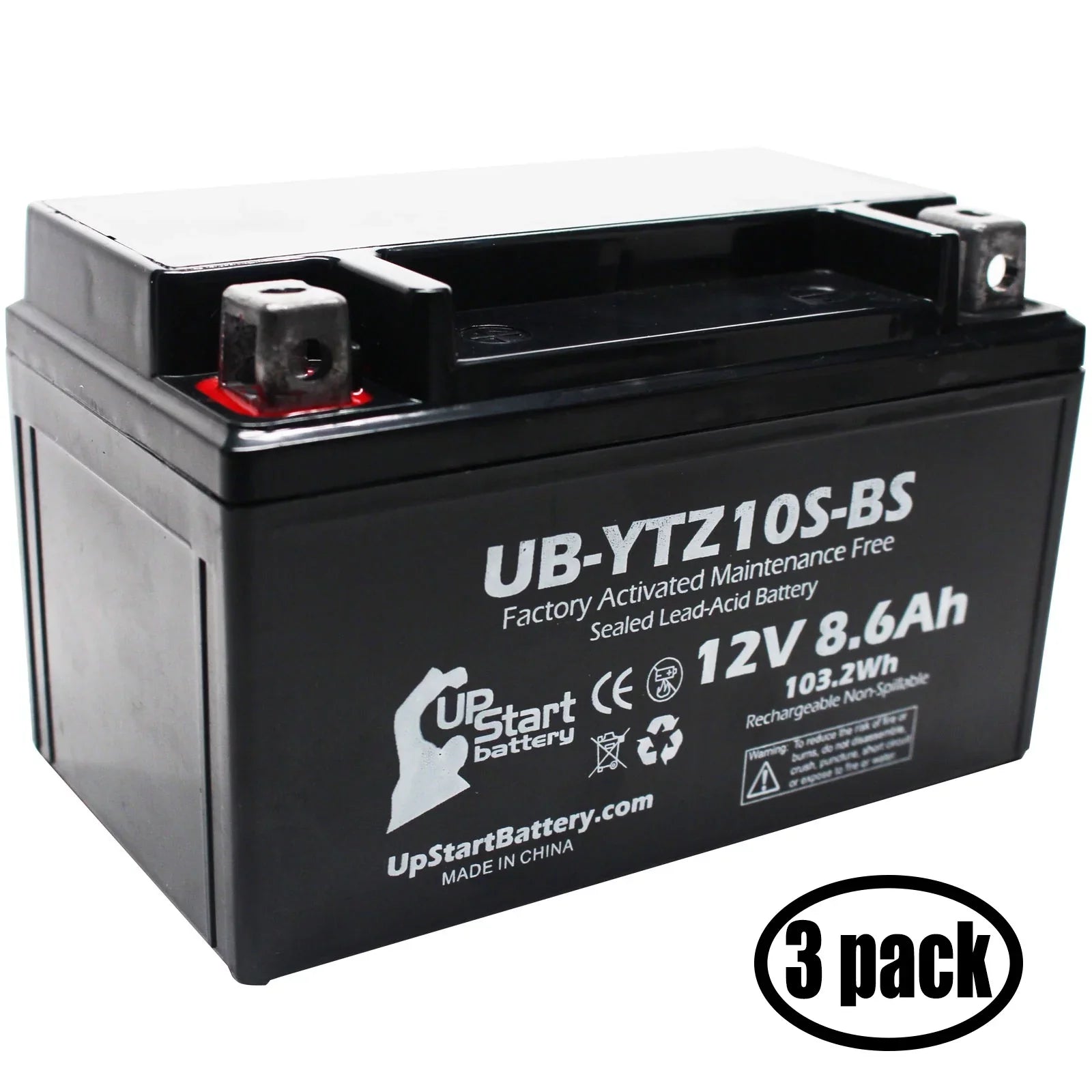 Battery - Free, UpStart Maintenance UB-YTZ10S-BS YZF-R1 8.6Ah, Replacement for Battery Activated, Yamaha 3-Pack 2011 12V, Factory 1000CC Motorcycle