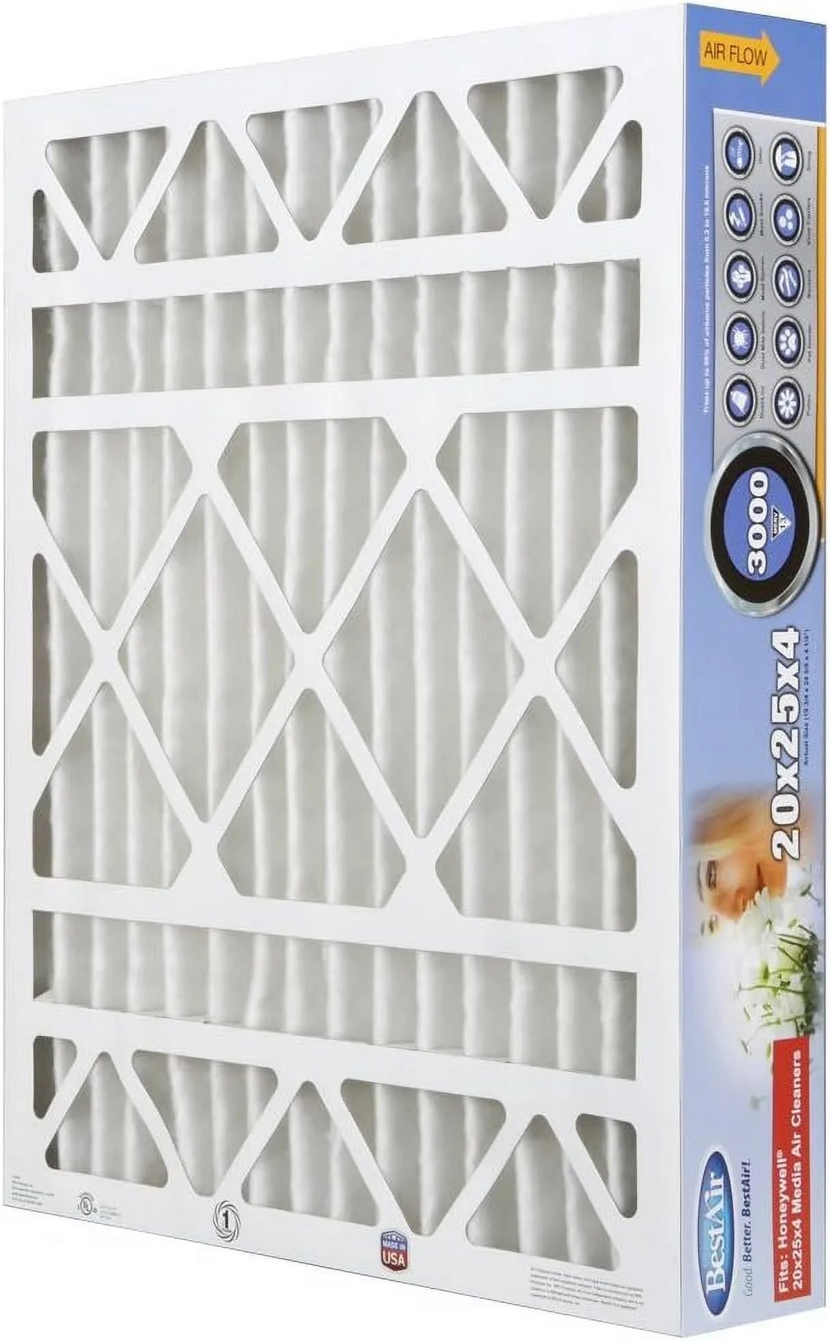 Air For 20" Honeywell BestAir MERV x HW2025-13R 3 Fits Removes 13, AC Furnace 100%, of Filter, Models, 25" Pack Allergens x 4", Contaminants, &