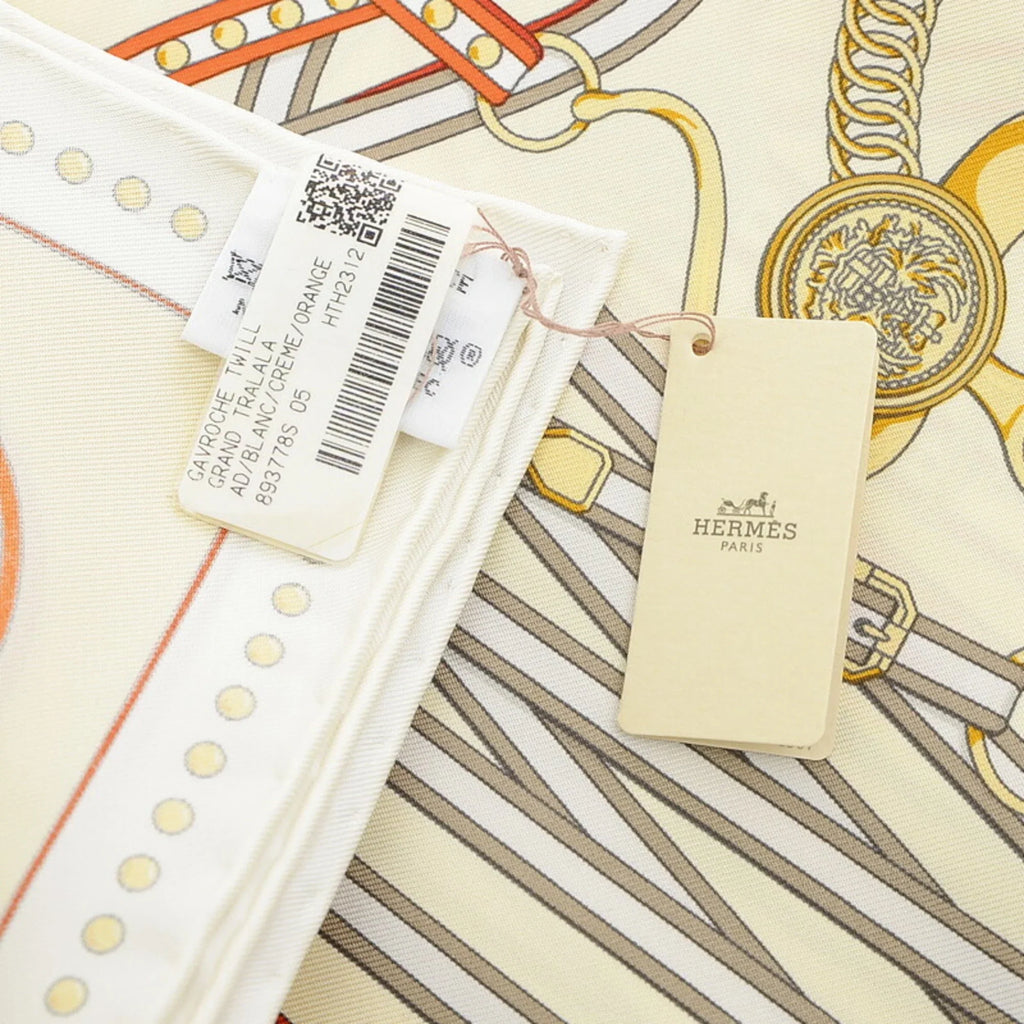 Orange White Hermes Carre 45 (Like New) Scarf Tralala Gavroche Grand Pre-Owned Cream