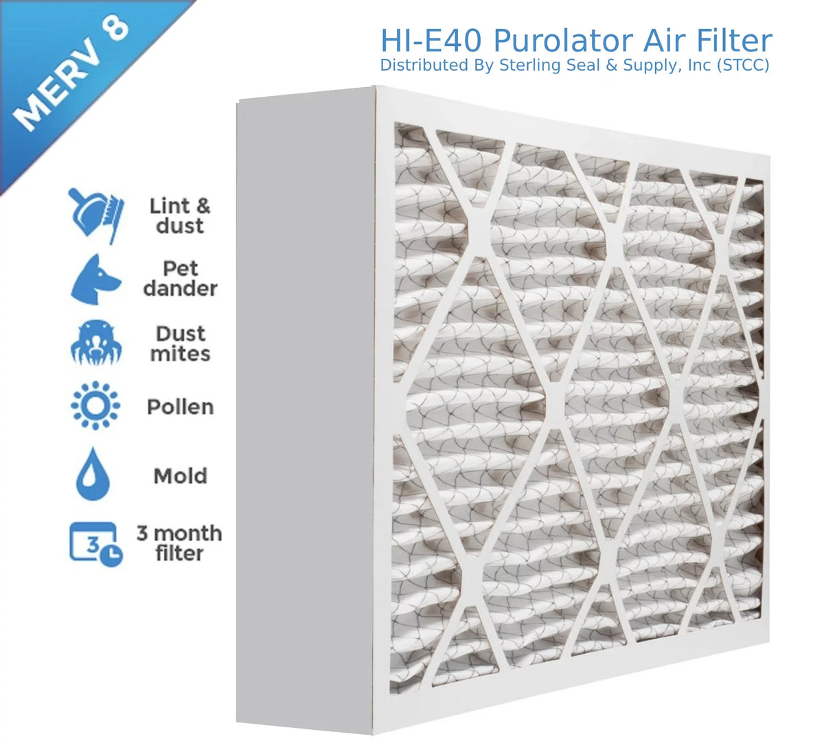 Air Surface Extended MERV (3 8, Hi-E 20x20x4, Mechanical Filter, Pleated 40 Pack) Purolator