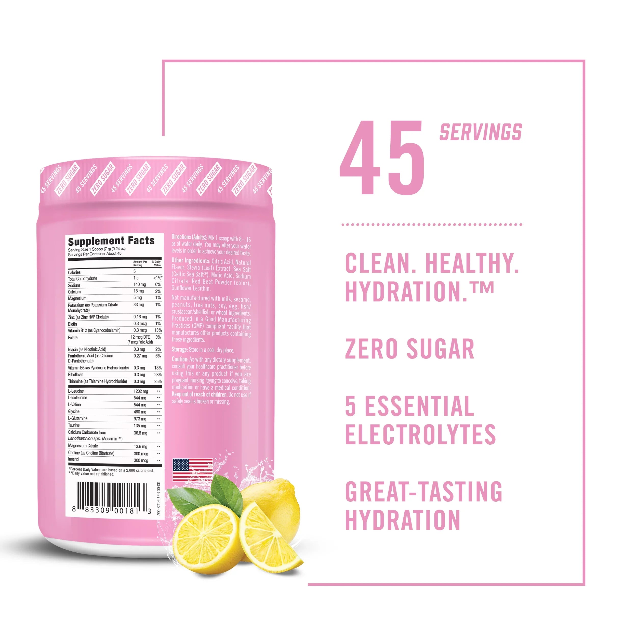 Tasting Pink Great 5 Hydration Essential BioSteel Electrolytes, Lemonade 45 per Hydration Zero Mix, Servings Tub Flavor, with Sugar