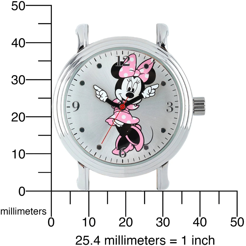 Shinny Case Black Articulating Women's Strap Vintage Silver Watch, Leather Alloy Mouse Minnie