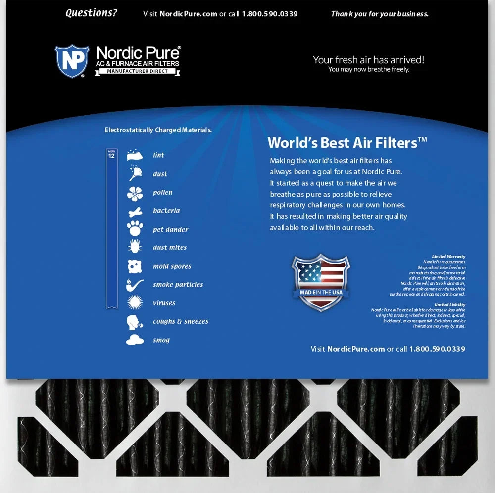 3 MERV 20x20x2 Pleated Nordic Pure Plus Air Furnace Pack Filters Carbon 12