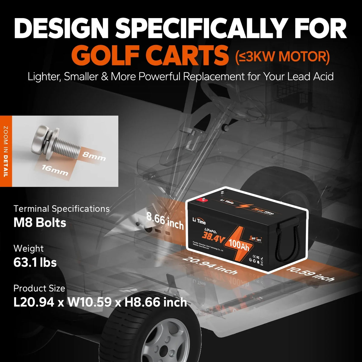 Deep Perfect 7.68kW BMS, Battery, LiFePO4 GC2 200A 100Ah 36V Lawn Trolling Mower Power Discharge, Cycle, Max. 2C 15000 for Lithium Cart, and Support LiTime Built-in Max. Golf Golf Motor, Cart RV,