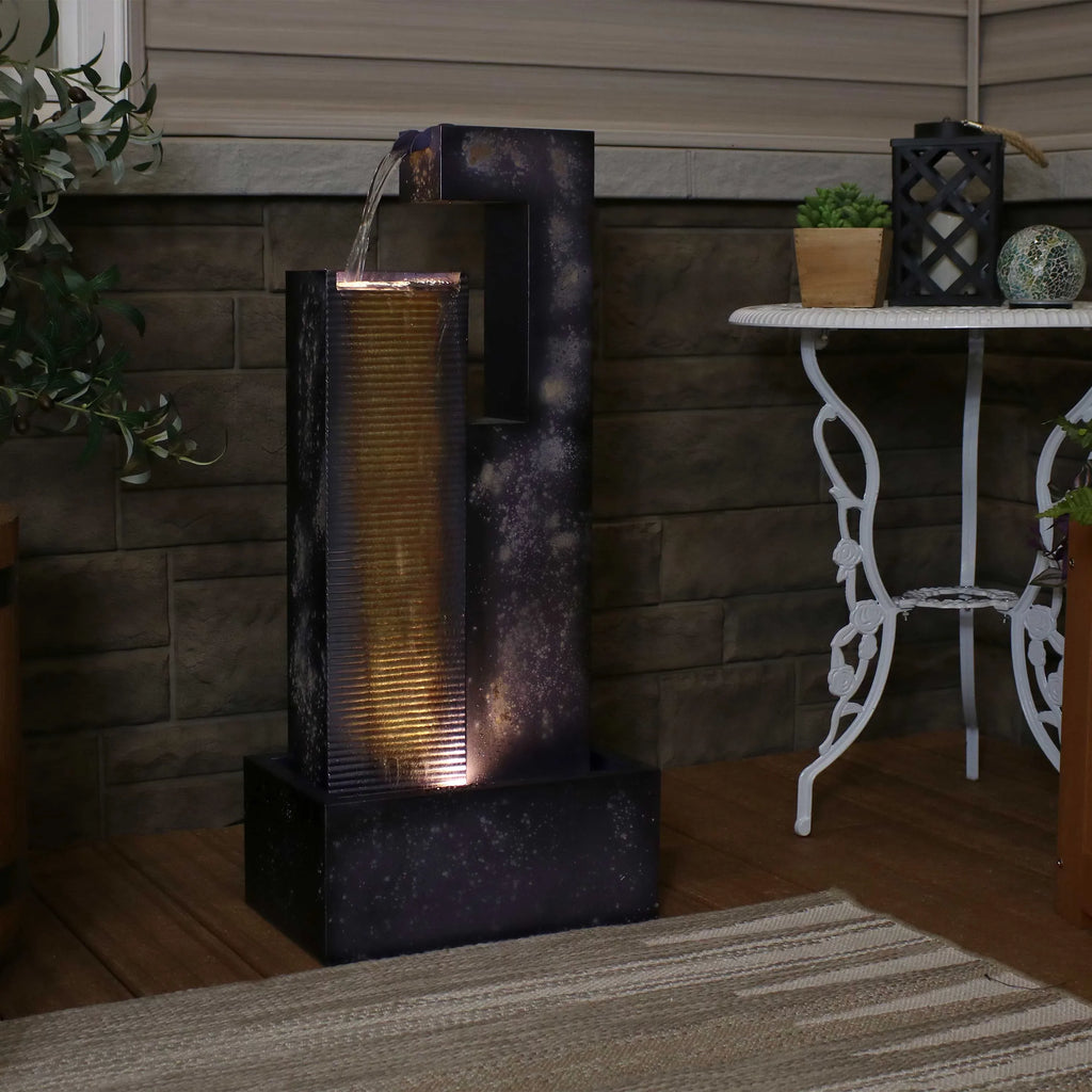 with exterior Metal Tower LED Lights Cascading - 32" Sunnydaze Fountain