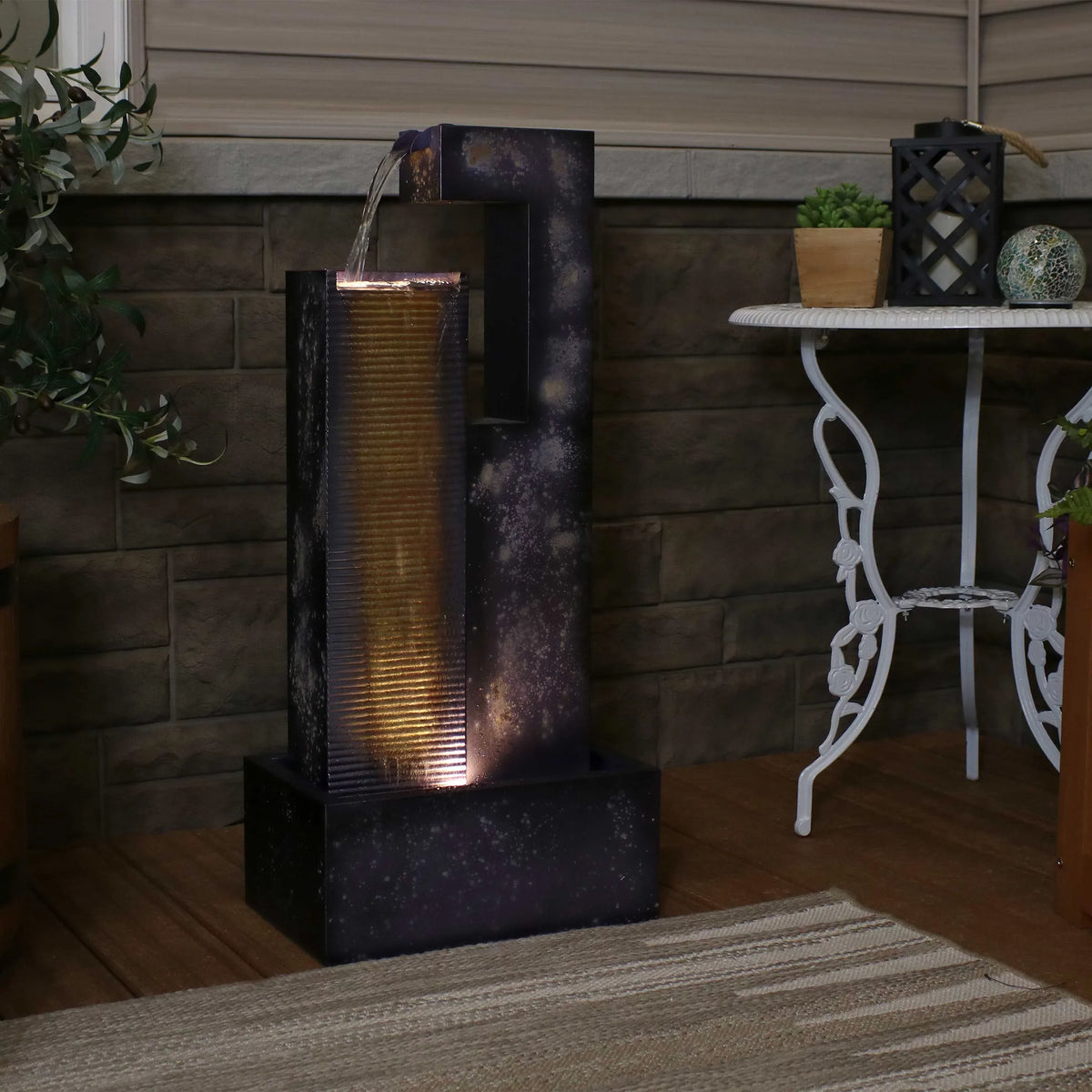 with exterior Metal Tower LED Lights Cascading - 32" Sunnydaze Fountain