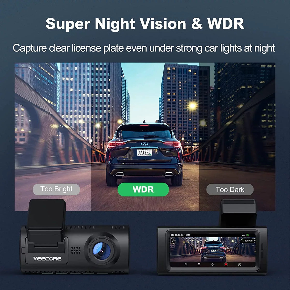 Built-in Record Dash Dash Vision, Dual Dash 2.5K+1080P Super Yeecore G-Sensor, and Portable Dam, Rear, App Magnetic Mount, WiFi Camera GPS, for D32 Mode, Night Front Cam Control, Parking Cars Accident