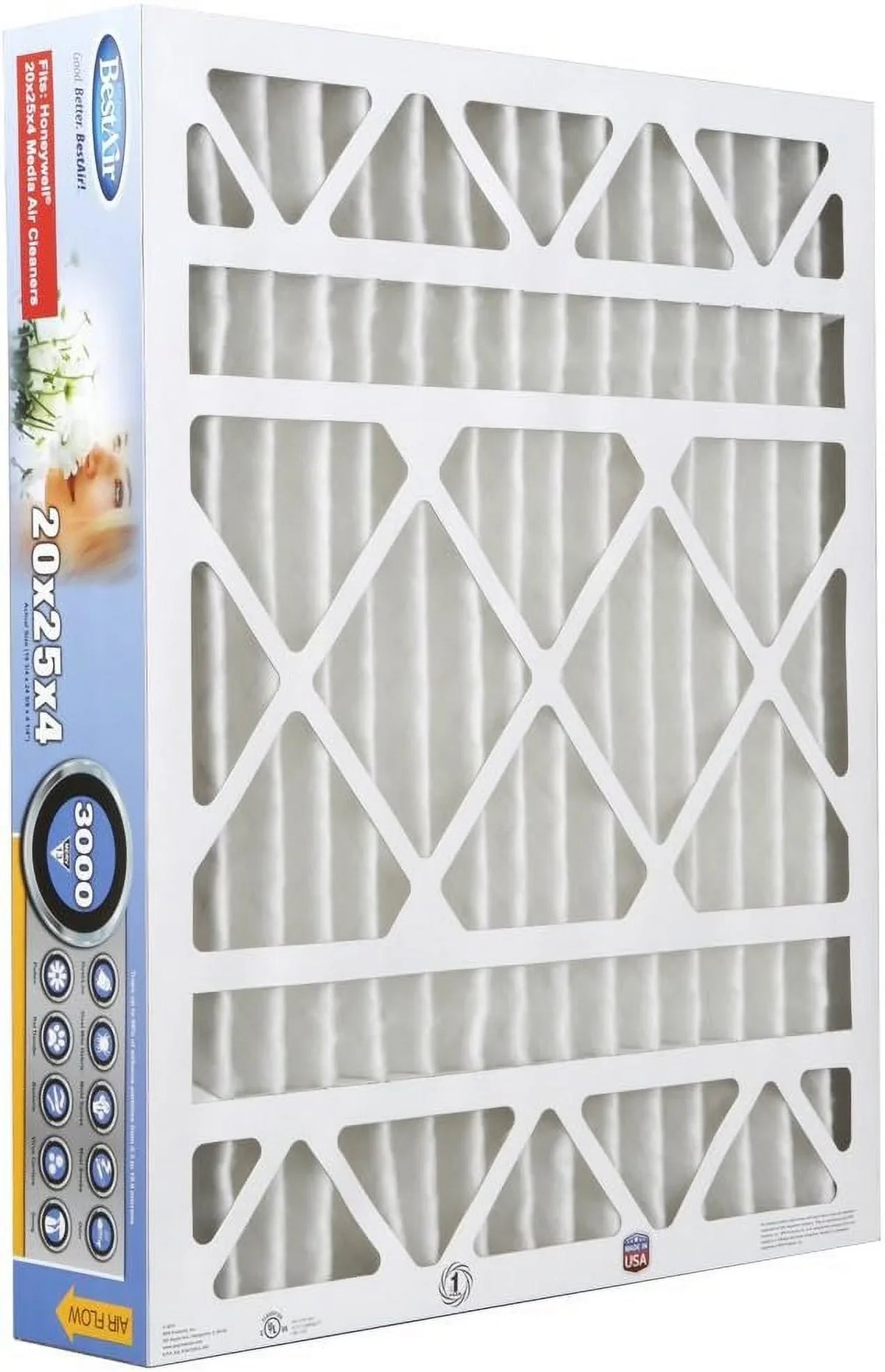Air For 20" Honeywell BestAir MERV x HW2025-13R 3 Fits Removes 13, AC Furnace 100%, of Filter, Models, 25" Pack Allergens x 4", Contaminants, &