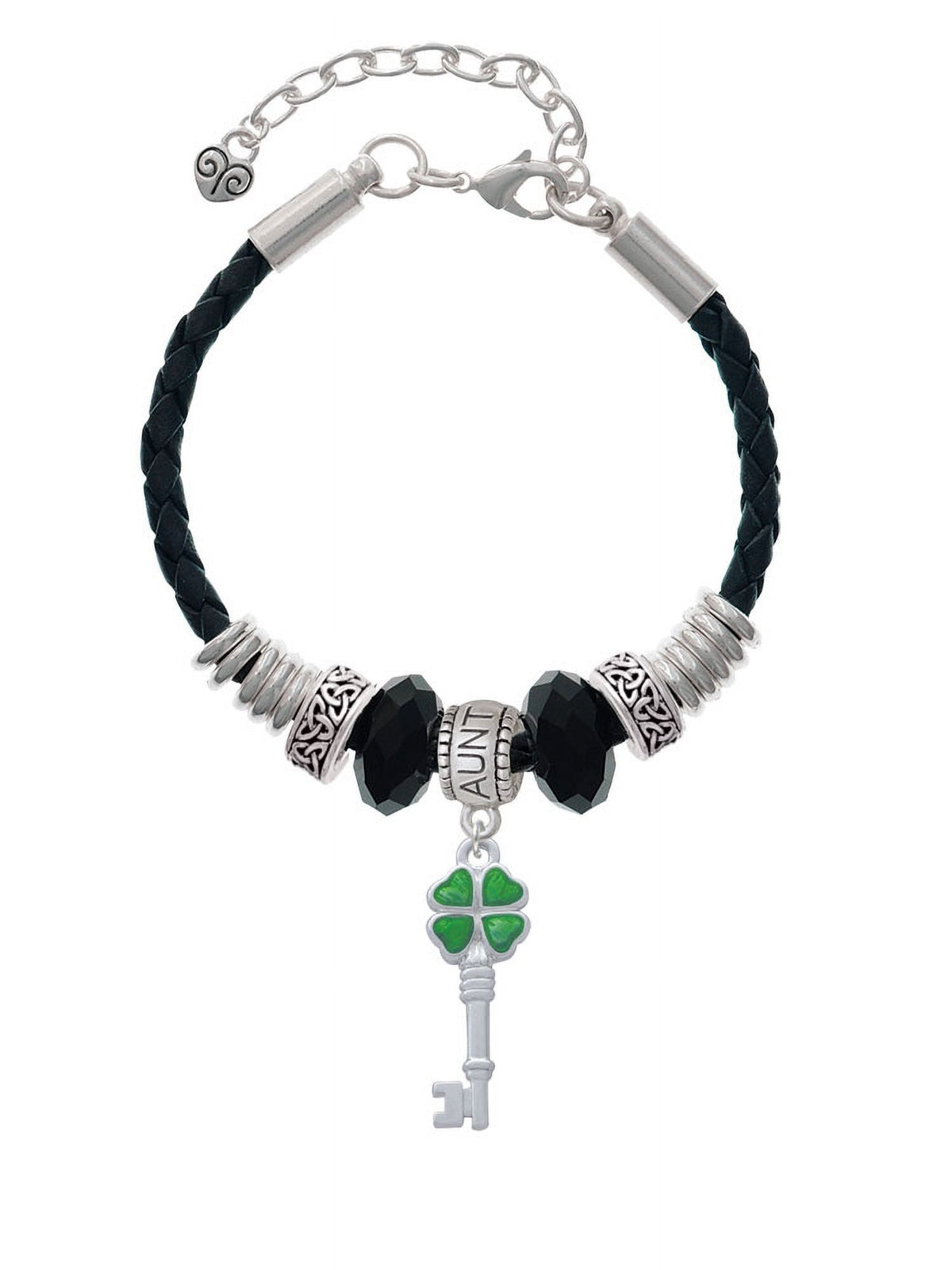 Bead Clover Aunt Key Green Lucky Delight Translucent Jewelry Celtic Knot Leaf Leather Extender Silvertone Four 7"+2" Bracelet,