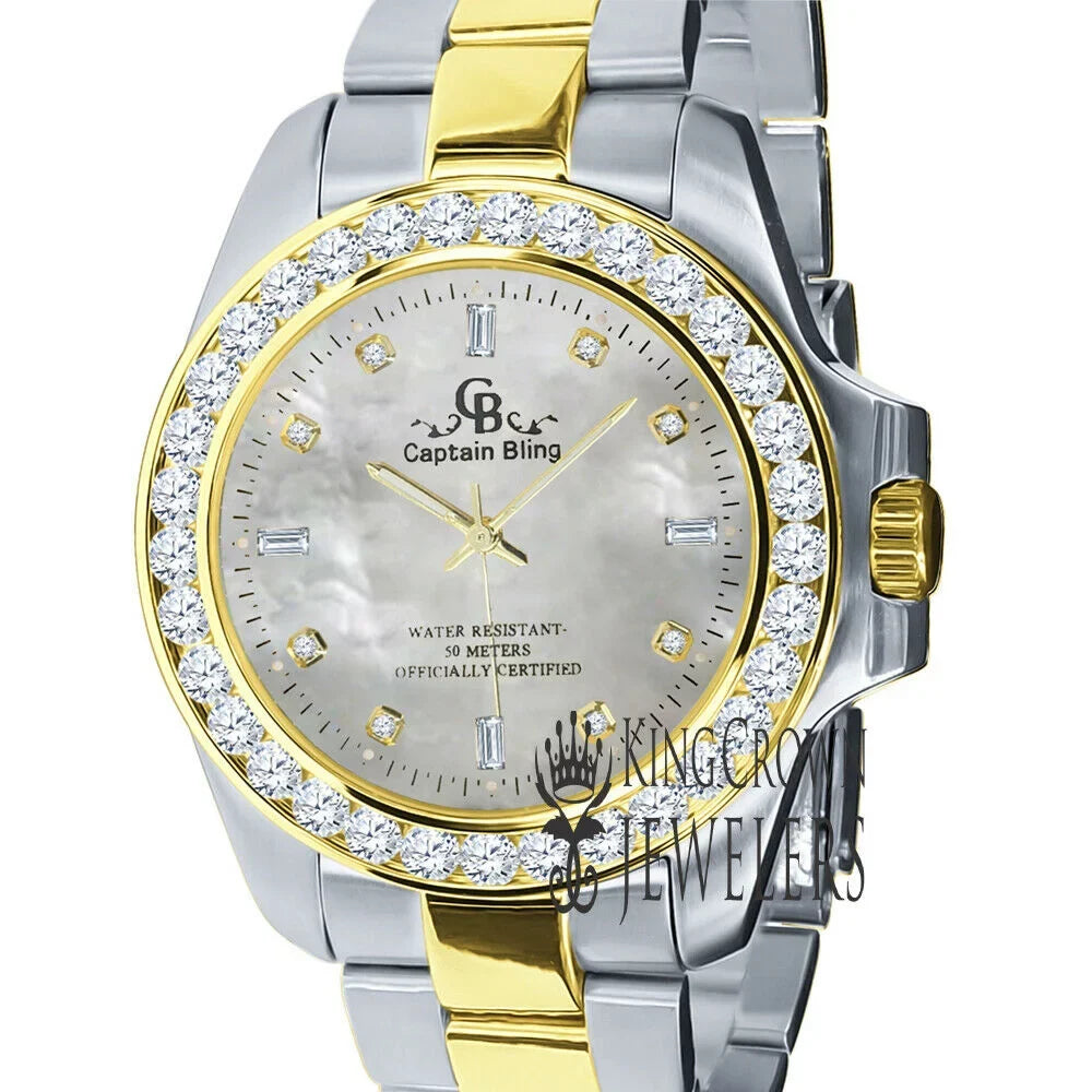 2 Steel Solid Mother Mens Simulated Dial Tone Diamonds Of Watch Finish Gold 18K Stainless Pearl