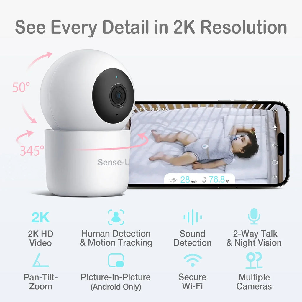 Pan-Tilt-Zoom, Background with Smart 2-Way Video Zone Activity Crying 2K Sense-U Vision, Talk, Sound/Motion Fee, Eligible) No Detection, Night Monitor(FSA&HSA Audio, Person/Baby Monthly Baby