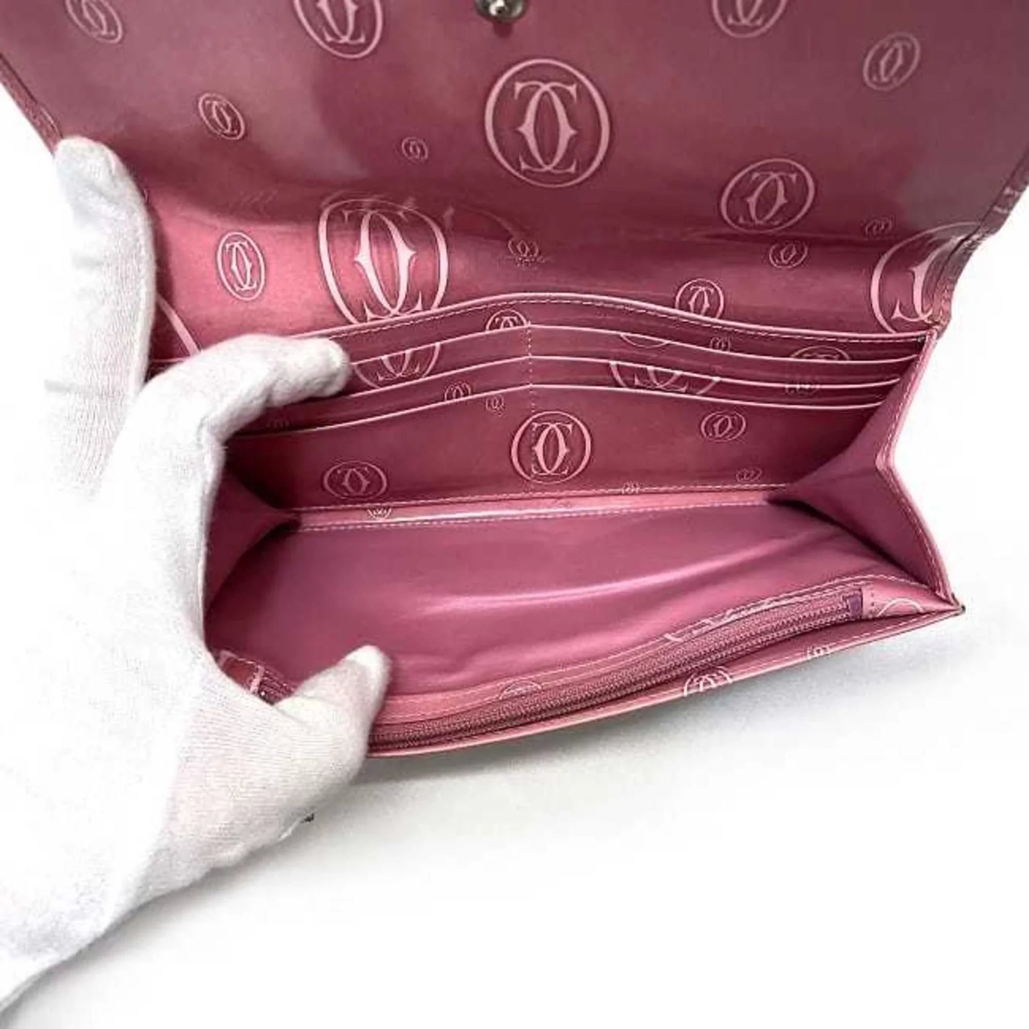 Long Ladies Leather Cartier Pink Bifold Wallet Pre-Owned L3000951 (Fair) 2C Happy Birthday Motif