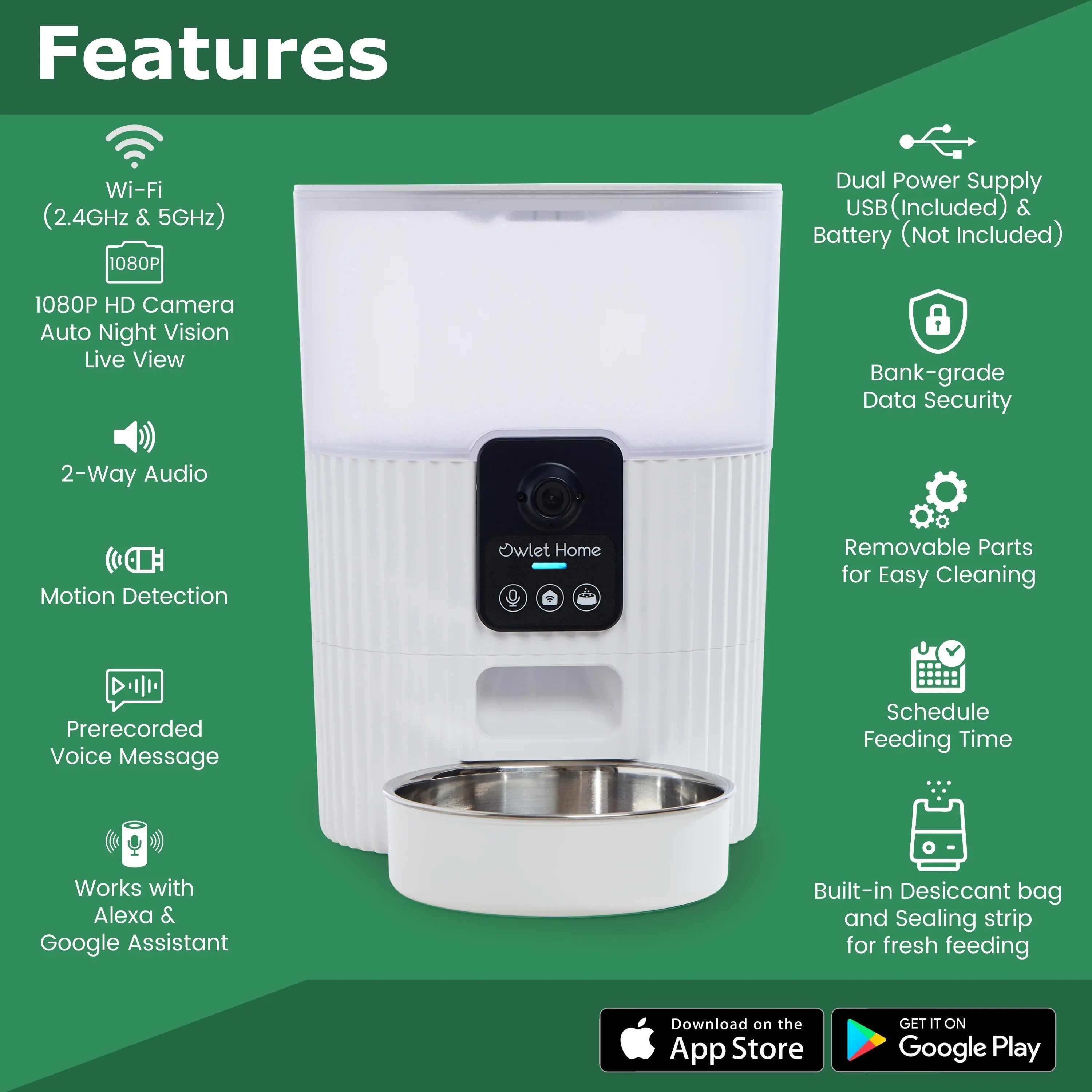 & Cats Automatic 1080P Works Assistant, with Fee Auto HD & Dogs Alert, Video, Feeder Audio, Owlet Night No with Monthly WiFi, Live Motion Smart for (3.5L), Vision, 2-Way Pet Home Camera Alexa