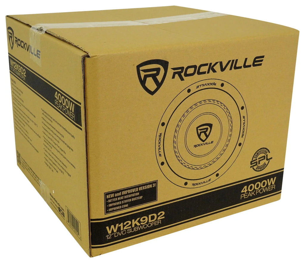 Box+Mono Subwoofers+Sealed Watt W12K9D2 Sub 12" 8000 (2) Rockville Amplifier+Amp V3 Kit