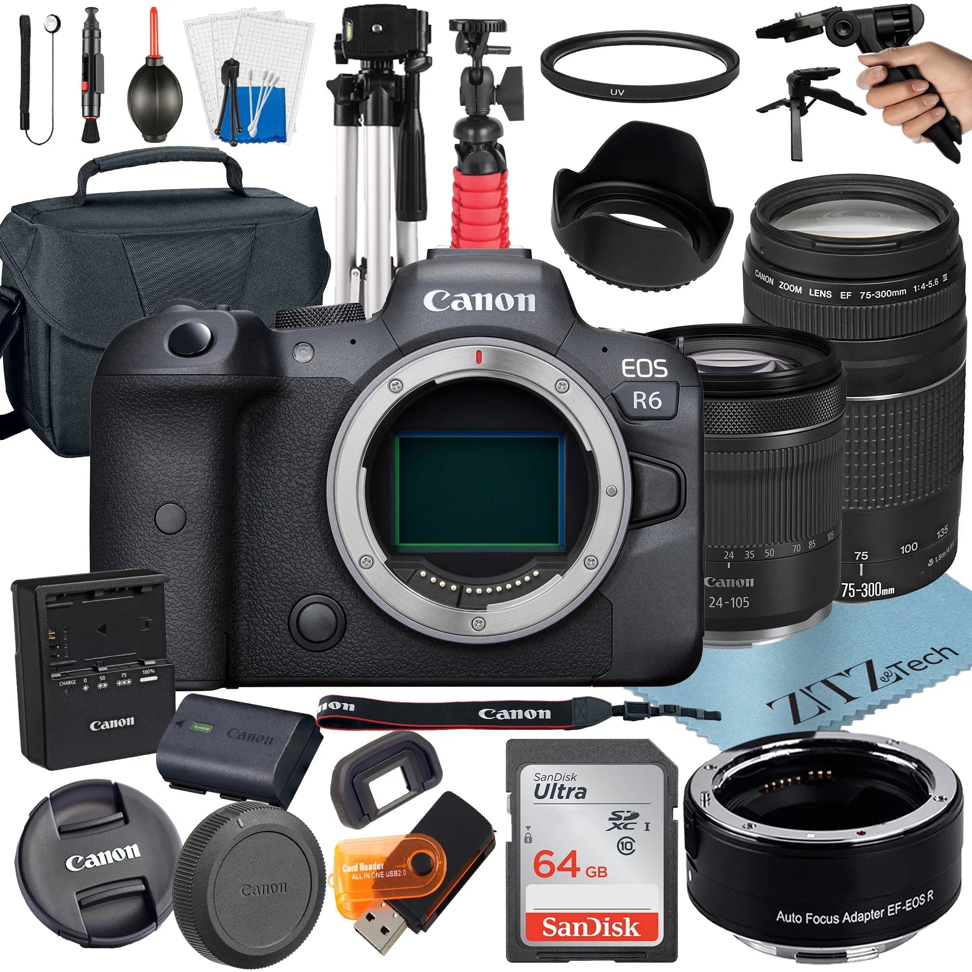 R6 64GB Mount + 75-300mm Mirrorless STM 24-105mm Accessory + with Lens Camera ZeeTech RF + Adapter EOS + Canon SanDisk