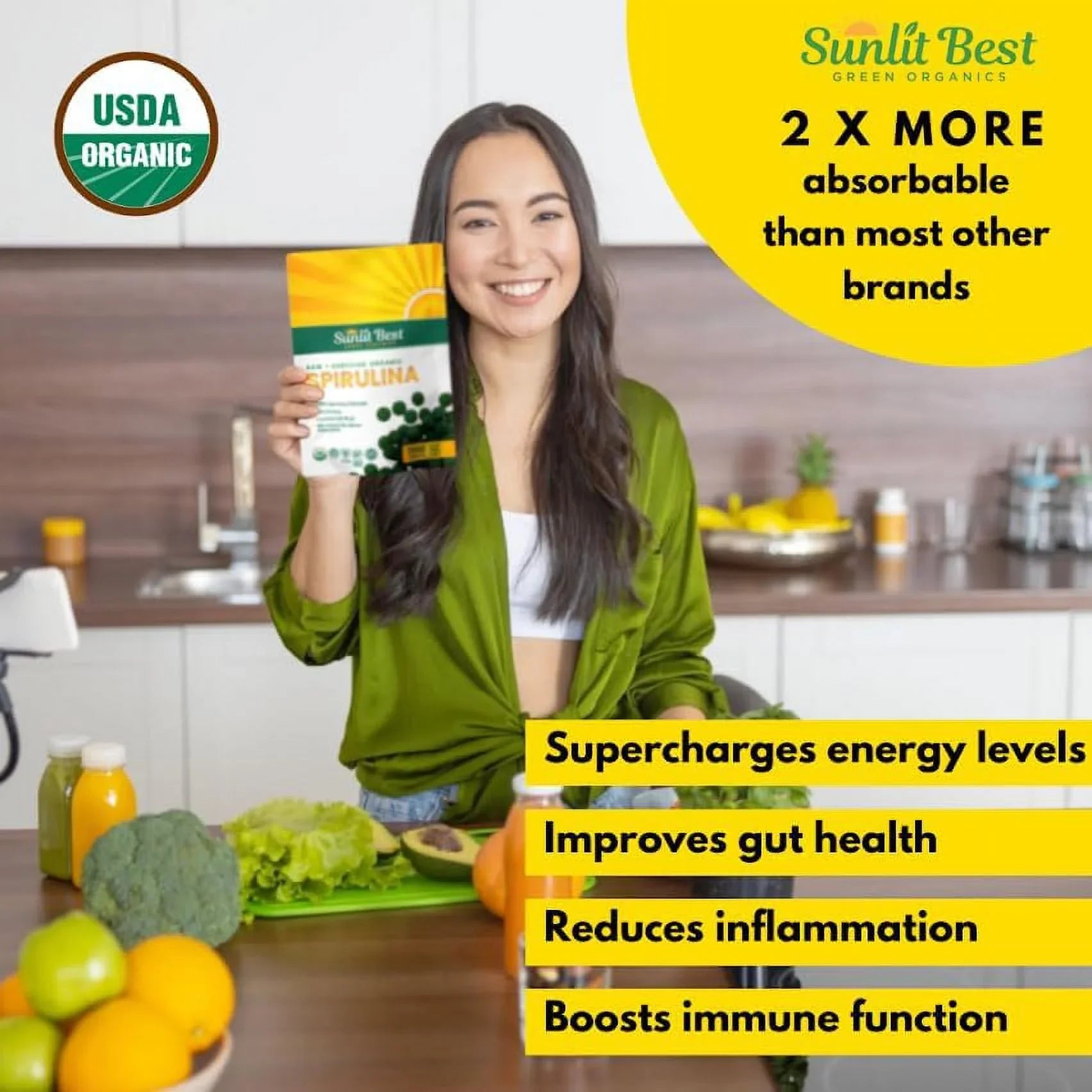 Vegan Sunlit Best Support, - USDA Protein Spirulina Supplements Organic Super High Health & - Tablet Superfood Chlorophyll, Energy Natural Greens for Immune Non 1000 with GMO, Tab Gut & Tablets Drink