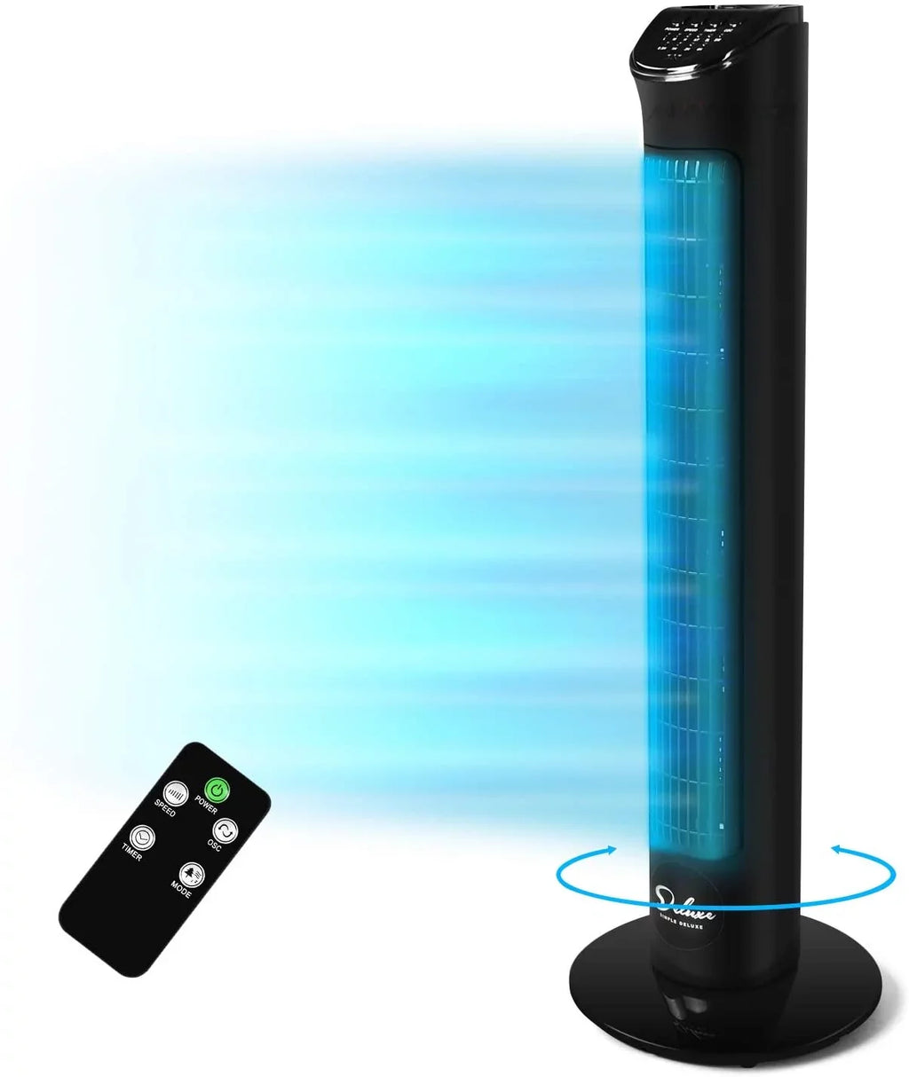 Remote, Fan Deluxe with Fan, Floor Standing 90° Fan 4 Simple Oscillating 32"Tower Fans, Speeds, Bladeless with Black