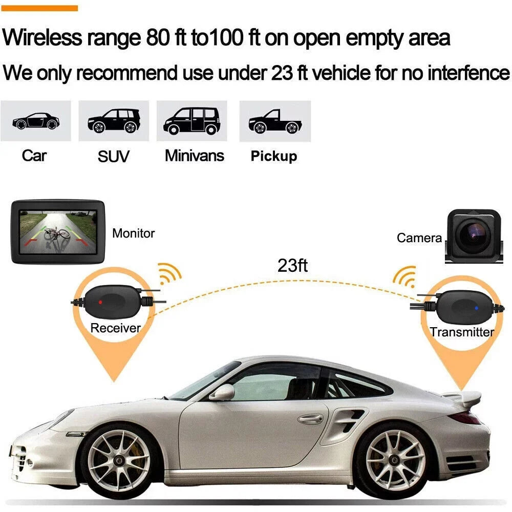 Backup Parking Car HD Rear View Night Vision System Wireless Monitor + 5" Camera