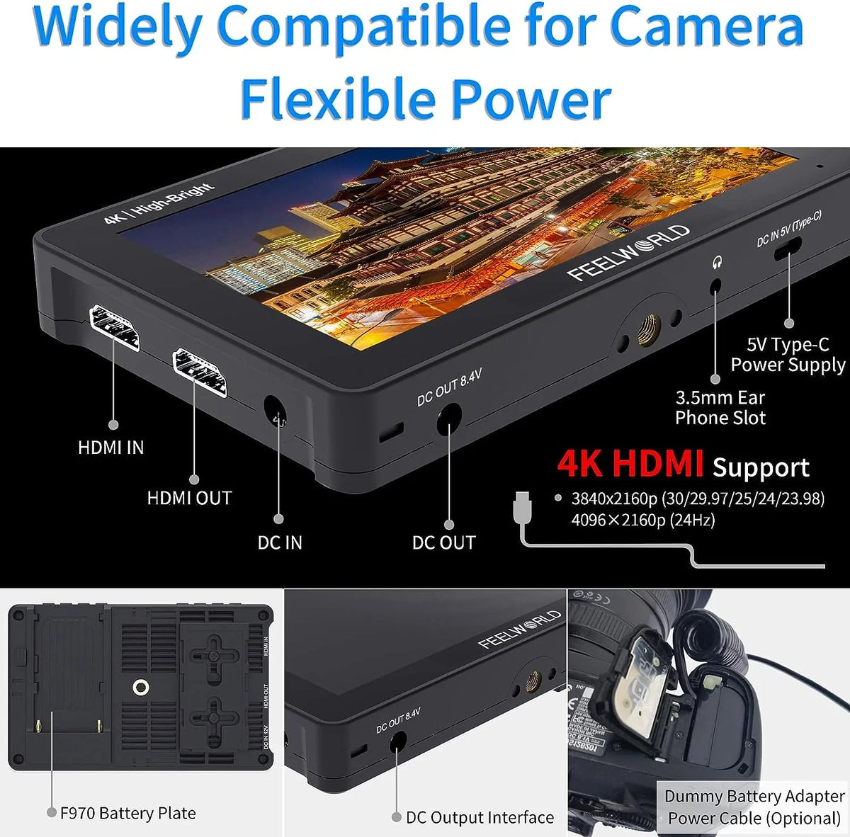 1920x1080 5.5 Inch FHD 4K 3D DSLR with External Camera +Carry Wireless Pro Power Case for F970 Field Monitor F6 LUT Touchscreen HDMI Install Kit 1600nits Transmission +Battery FEELWORLD