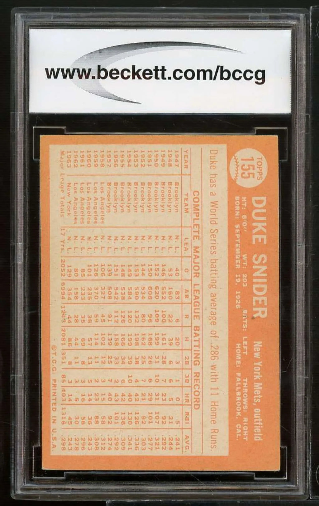 BCCG 1964 Excellent+ Duke #155 8 Card Snider Topps BGS