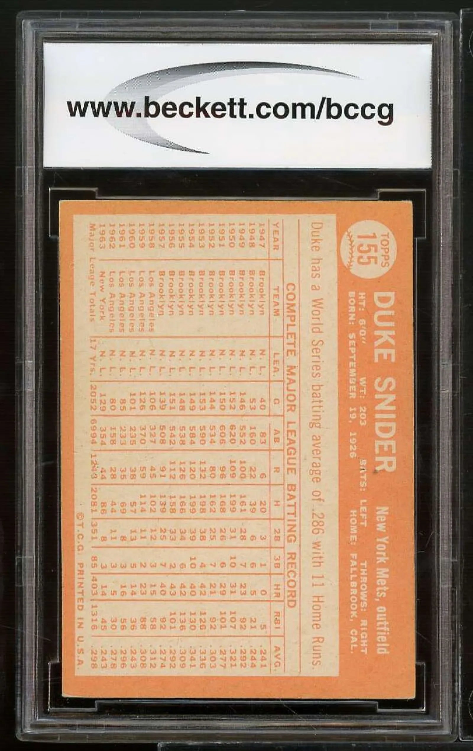 BCCG 1964 Excellent+ Duke #155 8 Card Snider Topps BGS