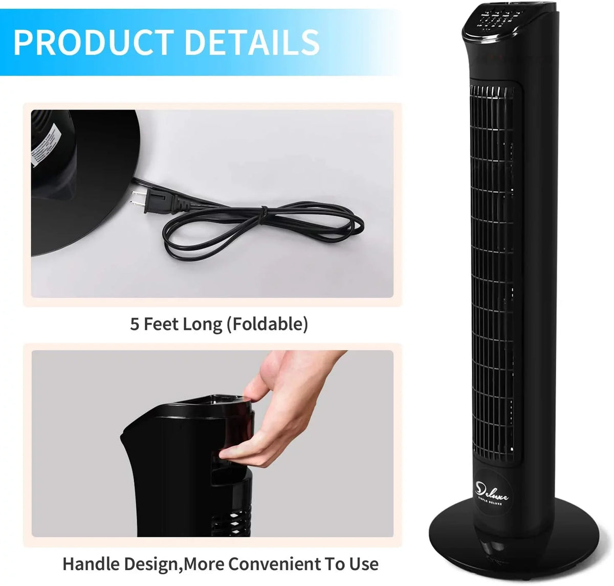 Remote, Fan Deluxe with Fan, Floor Standing 90° Fan 4 Simple Oscillating 32"Tower Fans, Speeds, Bladeless with Black