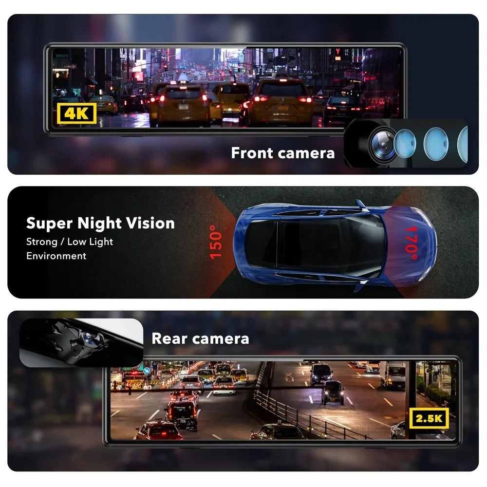 32GB 11" , Dash Screen Free Mirror Cars, UHD Vision Full Dash Card Rearview Touch GPS Cam, Dash Mirror 2.5K Camera for Rear and View REDTIGER with 4K Rear Front Night Camera
