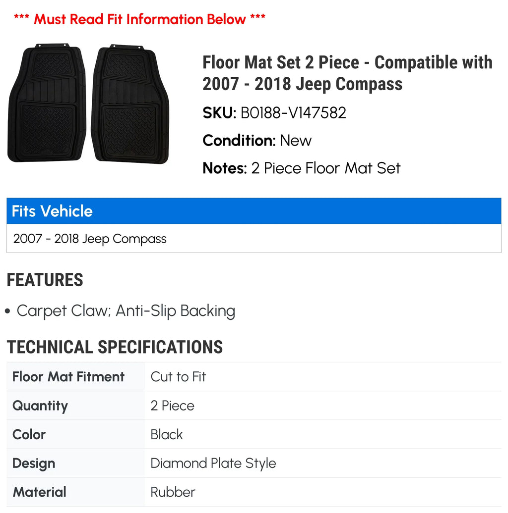 2010 2007 Floor Compatible 2016 Set Compass Mat 2013 2008 2018 2017 - Piece - 2011 2 2014 2015 with 2009 2012 Jeep