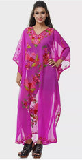 up Embroidered Caftan Bikini Hand Georgette L-51" Maxi outfit Wear Cover Magenta
