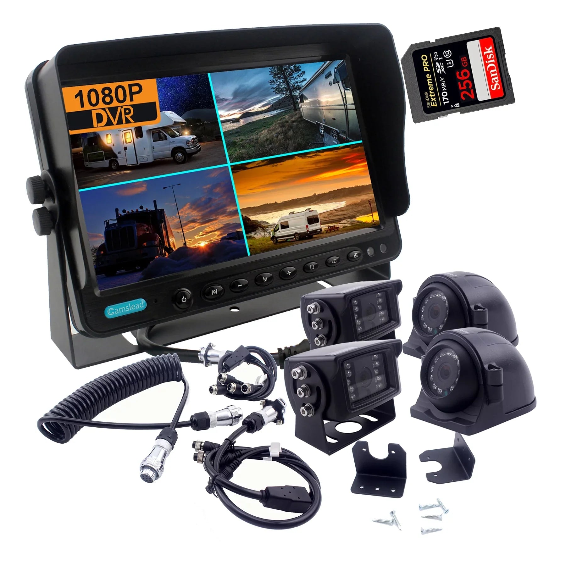 4 with quad 5th DVR camera connection 1080P CAMSLEAD 4X + HD monitor kit screen, 1080P camera Channel system, The trailer quick monitor 9 recorder screen split system wheel inch inch + cameras 9