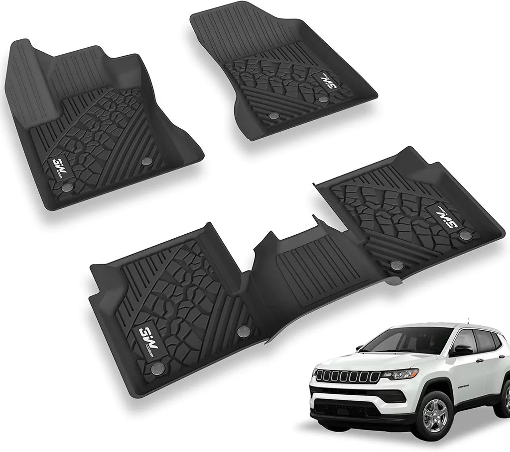 Floor Mats Black Liner 3W 2 Floor Rows Front Body seat with Jeep for 2017-2023 Set Full and Rear Odorless Only), (New design climate TPE All Compass