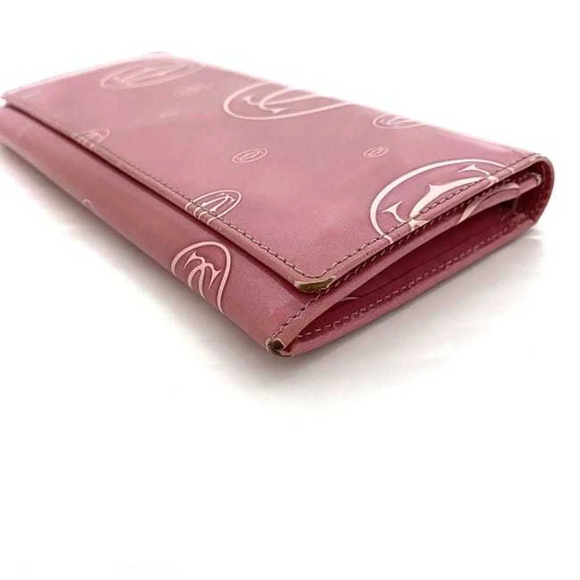 Long Ladies Leather Cartier Pink Bifold Wallet Pre-Owned L3000951 (Fair) 2C Happy Birthday Motif