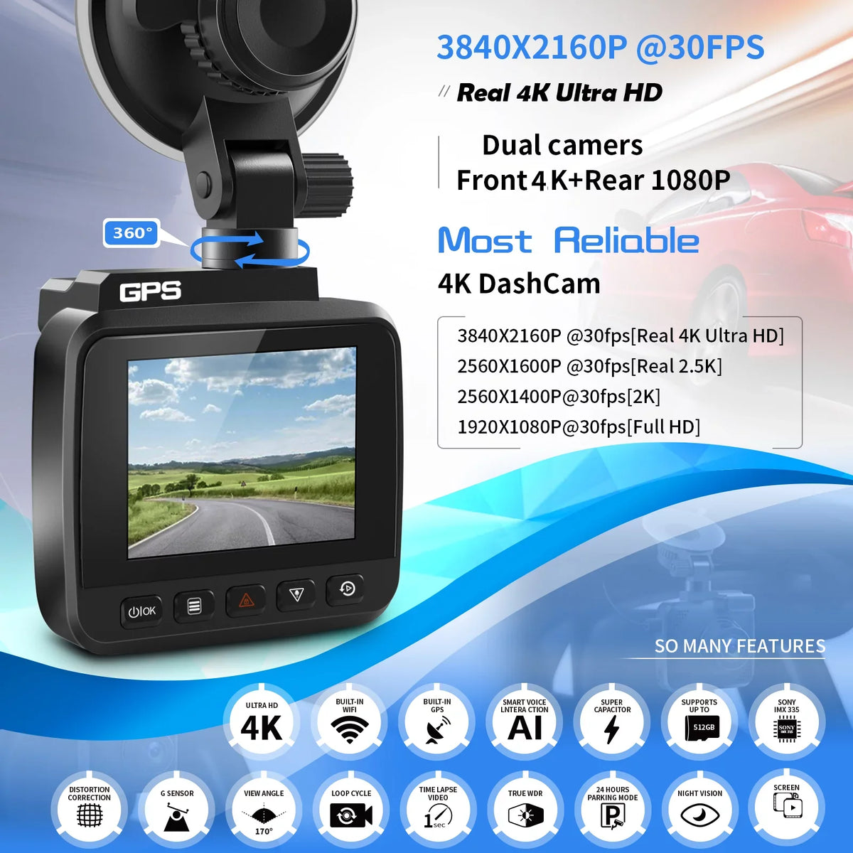 4K Parking Wide and Night Recording, Built-in for Dash & Driving Recorder Cam with Vision, 170° Monitor, Front 2160P Cars, Rear Dash G-Sensor, Camera, WDR, GPS Car WiFi Angle Cam FHD Loop with