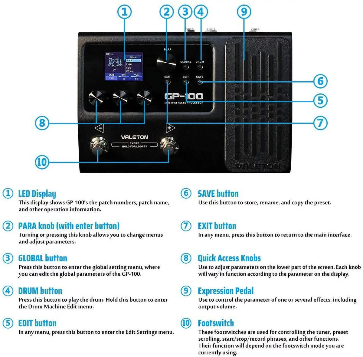supply) 9V (with Valeton Processor, Multi-Effects power GP-100
