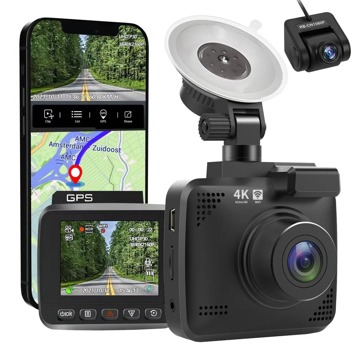 4K Parking Wide and Night Recording, Built-in for Dash & Driving Recorder Cam with Vision, 170° Monitor, Front 2160P Cars, Rear Dash G-Sensor, Camera, WDR, GPS Car WiFi Angle Cam FHD Loop with