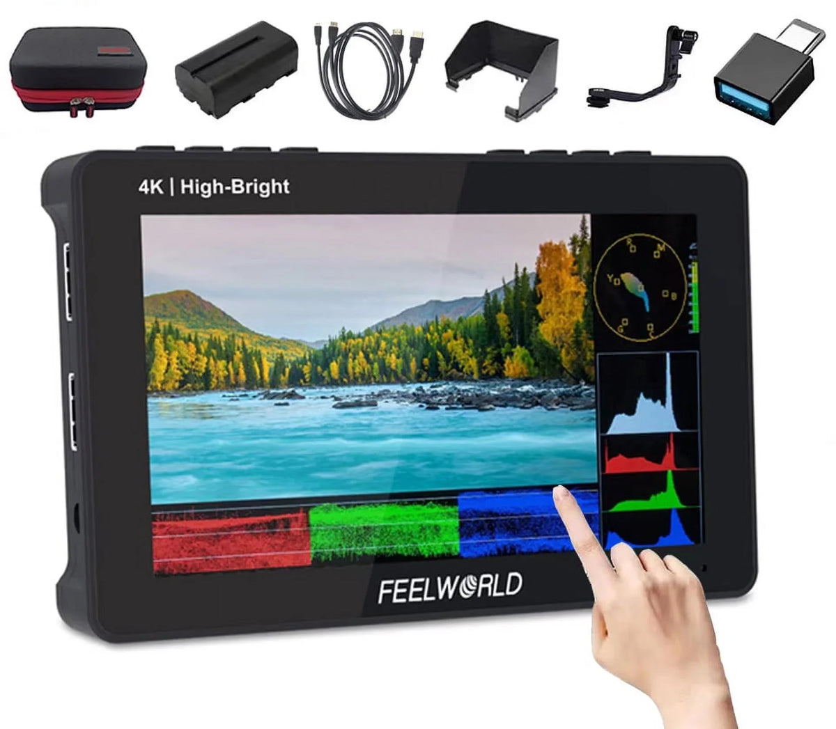 1920x1080 5.5 Inch FHD 4K 3D DSLR with External Camera +Carry Wireless Pro Power Case for F970 Field Monitor F6 LUT Touchscreen HDMI Install Kit 1600nits Transmission +Battery FEELWORLD