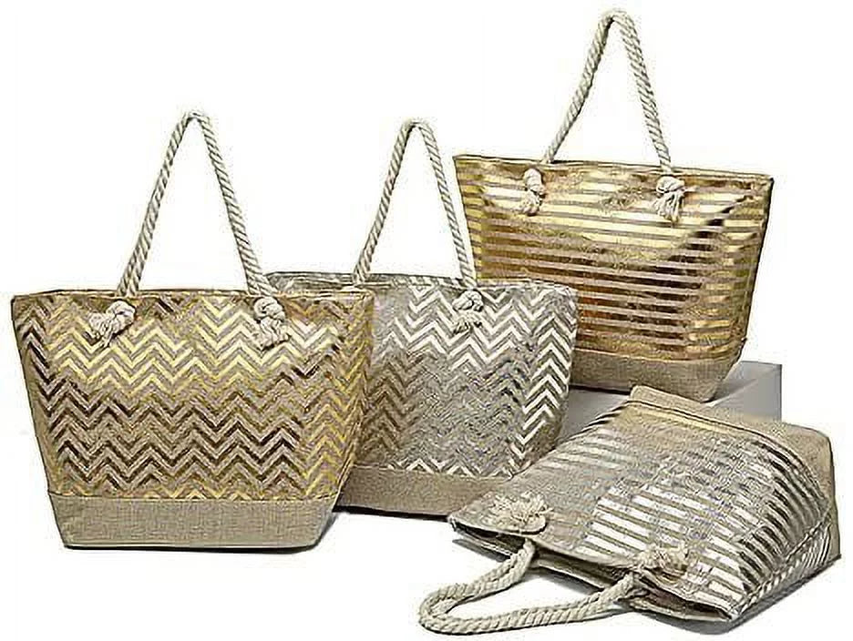 Zipper Print with Monogram Silver Pattern Chevron Name Stripe Top Bag Metallic Women or - - Can Tote or Initial, be Stripe with Personalized or - Large Gold Gold Beach