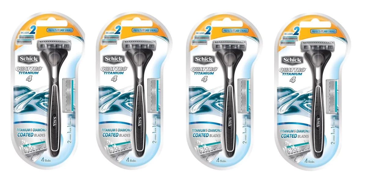4) Schick & Razor, Razor of 71817 + Cross Cartridges, Cartridges 2 Titanium Coated LA (Pack Blades, 1 Tweezers Quattro
