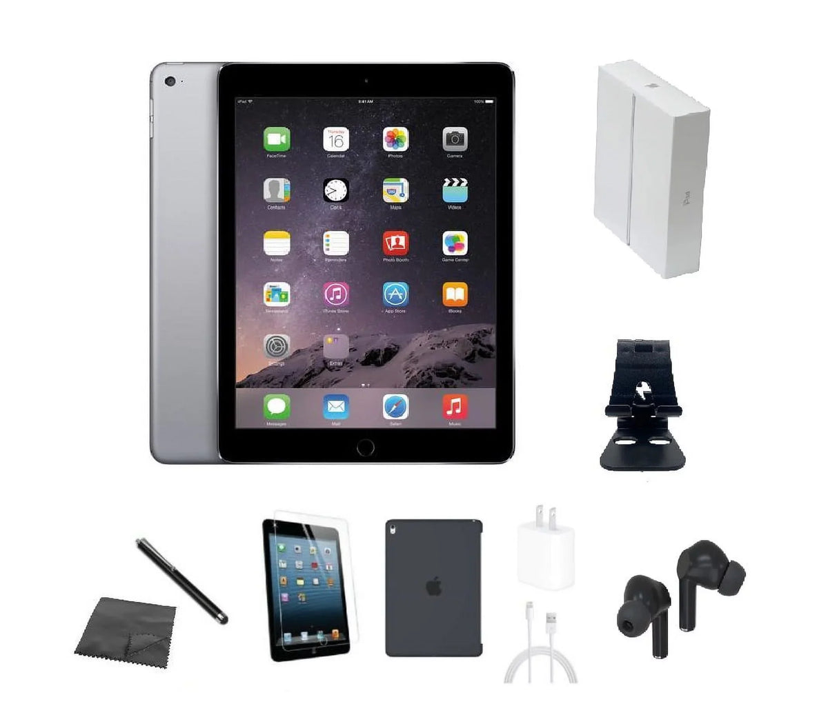 Space Bluetooth Bundle Charger iPad (WiFi) A1566 Earbuds, Restored 16GB Stand, w/ Stylus, Gray Tempered Case, Glass, Box, (Refurbished) Air 2