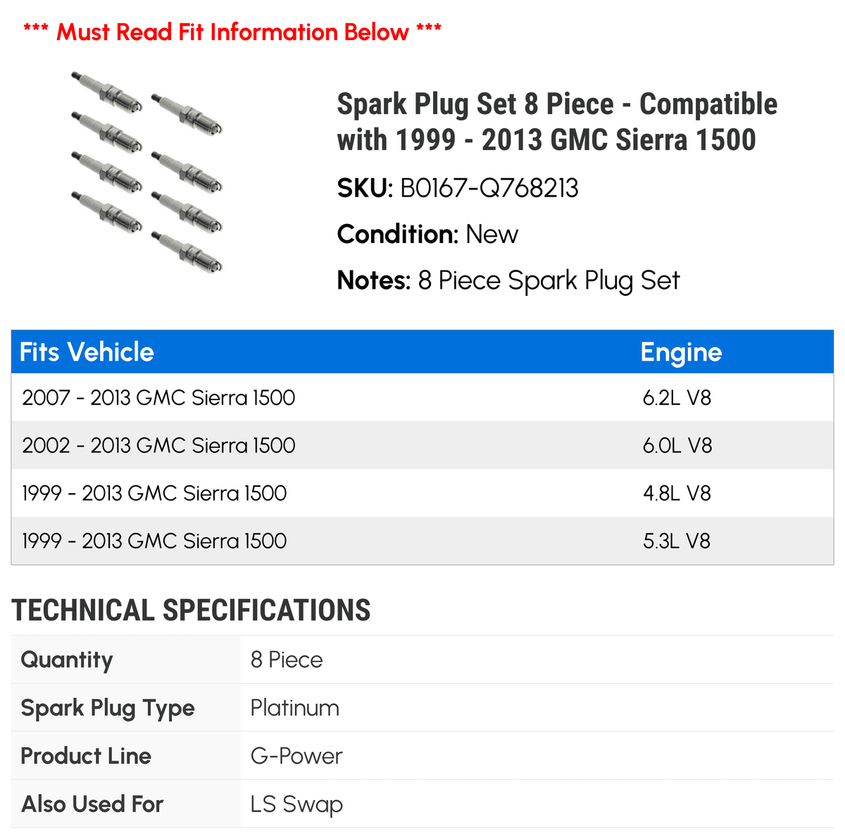 2001 8 - 2011 1999 Spark Piece 2005 2010 Plug 2000 Sierra Set 1500 2009 2008 GMC 2006 2004 2003 2013 - Compatible 2012 2007 with 2002
