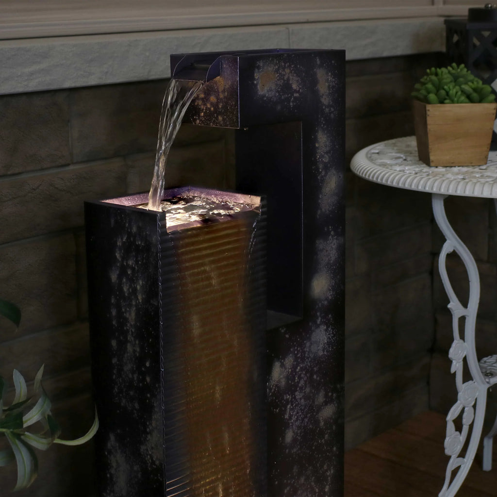 with exterior Metal Tower LED Lights Cascading - 32" Sunnydaze Fountain